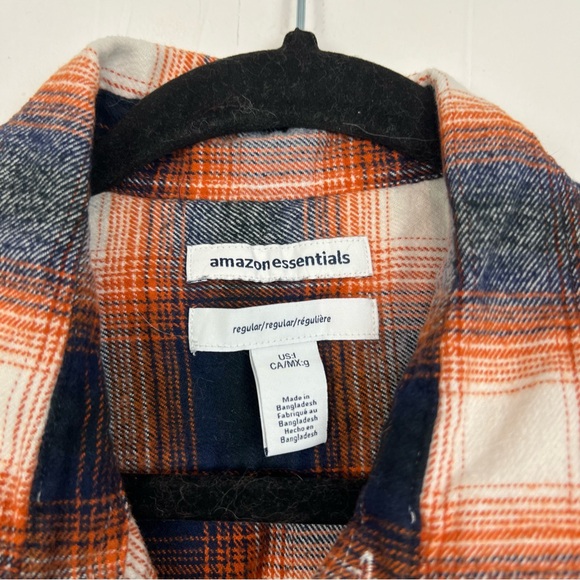 Amazon Essentials Flannel Button Down Shirt Orange Navy Plaid Men's Large - Picture 2 of 4